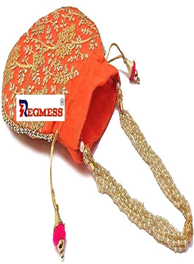 REGMESS Rajasthani Style Royal Clutch Silk Batwa Bag/Ethnic Potli Women's Potli/potli for Gift/potli for Women Party (Orange) - Image 2